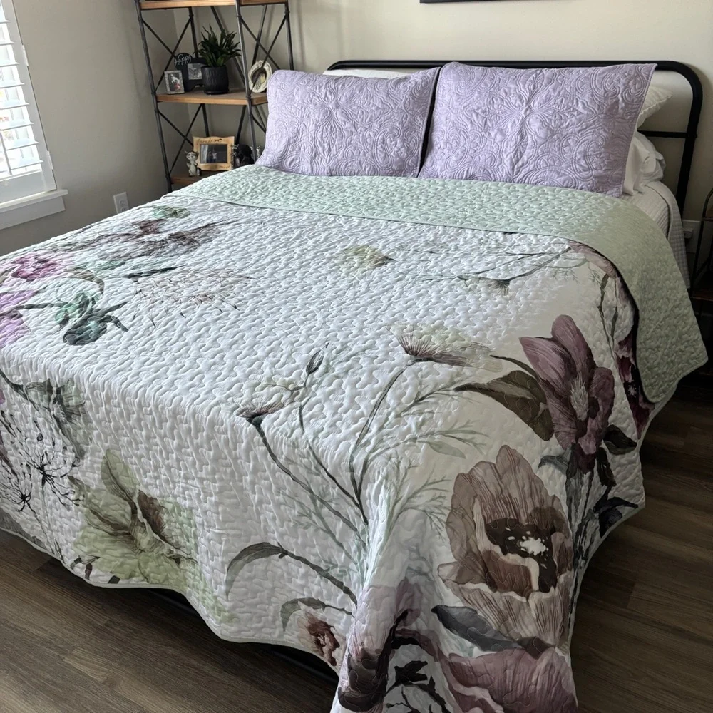 Boho Green & Purple Floral Reversible 3 Pc Bedding Quilt Queen Set Solid Shams